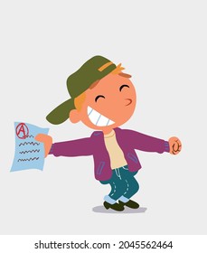 happy cartoon character of  little boy on jeans rejoices with exam in hand