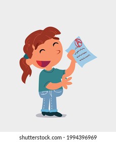 happy cartoon character of  little girl on jeans explaining something with exam in hand
