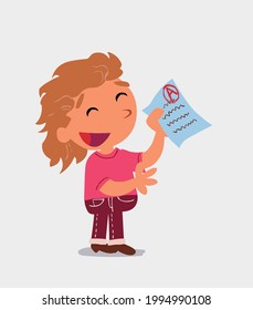 happy cartoon character of  little girl on jeans explaining something with exam in hand
