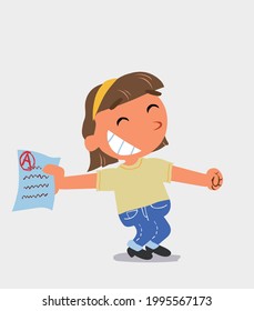 happy cartoon character of  little girl on jeans rejoices with exam in hand