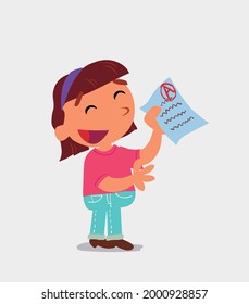 happy cartoon character of  little girl on jeans explaining something with exam in hand
