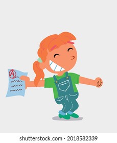 happy cartoon character of  little girl on jeans rejoices with exam in hand