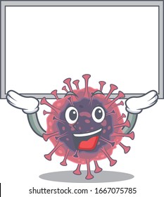 Happy cartoon character of microbiology coronavirus raised up board