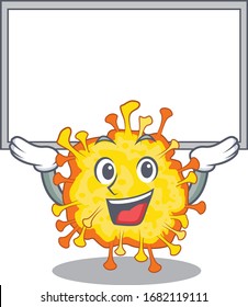 Happy cartoon character of minacovirus raised up board