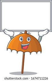Happy cartoon character of orange umbrella raised up board