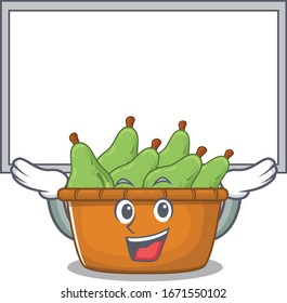 Happy cartoon character of pear fruit box raised up board