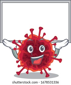 Happy cartoon character of pedacovirus raised up board