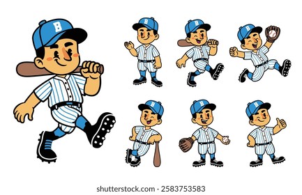 Happy Cartoon Character Set Of Baseball Player