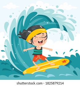 Happy Cartoon Character Surfing At Sea