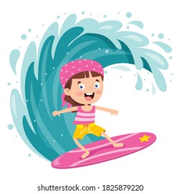 Happy Cartoon Character Surfing At Sea