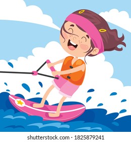 Happy Cartoon Character Surfing At Sea