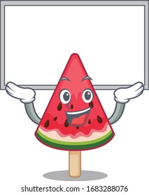 Happy cartoon character of watermelon ice cream raised up board