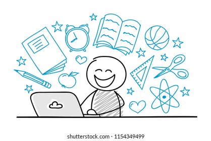 Happy cartoon character working on lapotop with school background. Vector.