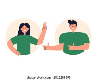 Happy cartoon characters demonstrate positive emotions with gestures. Vector flat illustration on isolated white background. Eps 10.