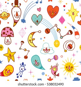 happy cartoon characters fun seamless pattern