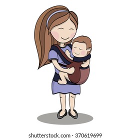 Happy cartoon characters, mother carrying a child using a handy device baby carrier, baby wearing and attachment, Happy mother's day card