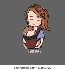 Happy cartoon characters, mother carrying a child using a handy device baby carrier, baby wearing and attachment parenting concept. Happy mother and child card, print, poster
