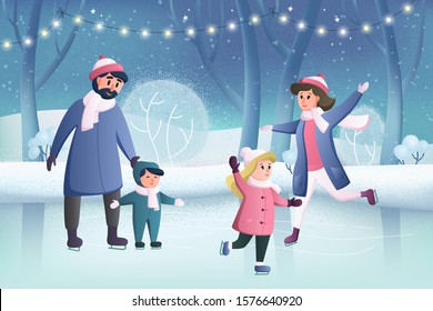 Happy cartoon characters, mother and father, with their children are ice skating in a winter park, merry christmas and happy new year. Parents with kids. Family for a walk. Winter family fun