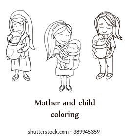 Happy cartoon characters for mother's day, mother carrying a child using a handy device baby carrier, baby wearing and attachment parenting concept. Vector coloring book set.