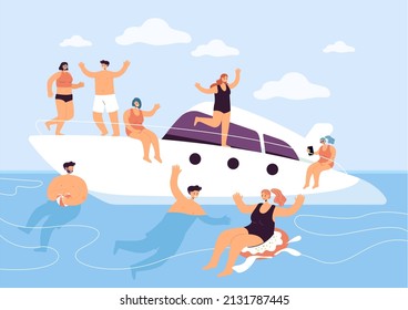 Happy Cartoon Characters Sailing On Yacht Or Boat. People Relaxing Or Having Party On Cruise Ship Flat Vector Illustration. Vacation, Holiday, Luxury Concept For Banner, Website Design Or Landing Page