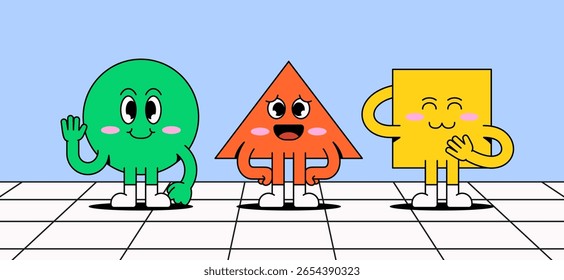 Personagens animados felizes em forma de círculo, triângulo e quadrado, cada um com faces expressivas e gestos amigáveis vetor ilustração desenhado à mão estilo para elementos visuais divertidos