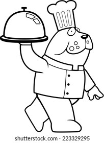 A happy cartoon chef bulldog with dinner.