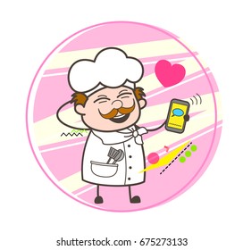 Happy Cartoon Chef Chatting with Mobile Vector Illustration