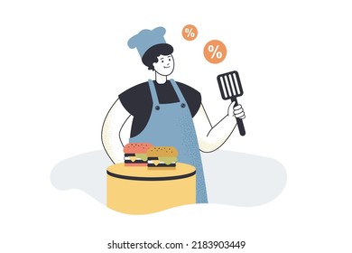 Happy cartoon chef with hamburgers, spatula and discount symbols. Man in chef hat cooking burgers or junk food flat vector illustration. Fast food, sale concept for banner or landing web page