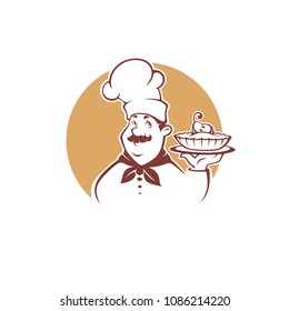 happy cartoon chef holding a sweet pear pie, vector illustration for your bakery logo, emblem, label , sign