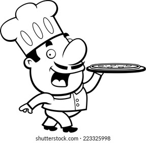 A happy cartoon chef with a pizza.