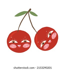 Happy Cartoon Cherries. Simple Vector Illustration With Red Hand Drawn Cherries Isolated On A White Background. Infantile Style Abstract Fruit Print Ideal For Wall Art, Poster, Kids Room Decoration.