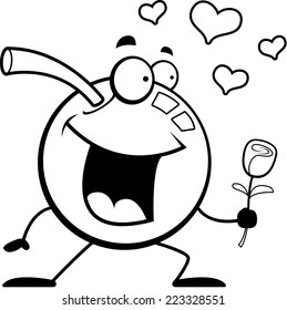 A happy cartoon cherry with a flower.