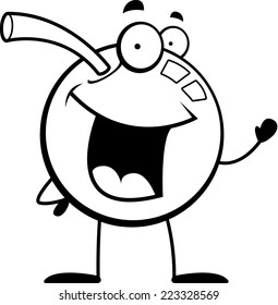 A happy cartoon cherry waving and smiling.