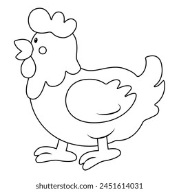 Happy Cartoon Chicken Drawing. Bauernhoftiere. Malbuch für Kinder. In: Cartoon Vektorillustration.