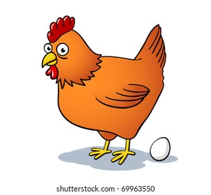 Happy cartoon chicken with egg. Vector illustration.