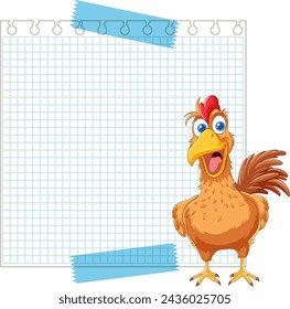 A happy cartoon chicken in front of a notepad