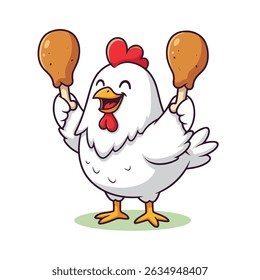 Happy Cartoon Chicken Holding Fried Drumsticks, Cartoon Design Element for Restaurants. Vector illustration