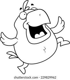 A happy cartoon chicken jumping and smiling.