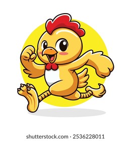 Ilustración feliz de la mascota del pollo de la historieta que corre rápido