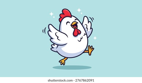 A happy cartoon chicken with its wings spread wide, dancing with excitement.