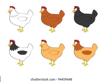 Happy cartoon chickens isolated on white background. Vector illustration.
