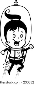 A happy cartoon child astronaut with a jet pack.