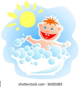 The happy cartoon child bathes in a bath.