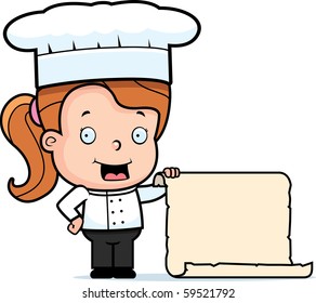 A happy cartoon child chef with a large menu.