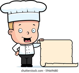 A happy cartoon child chef with a large menu.