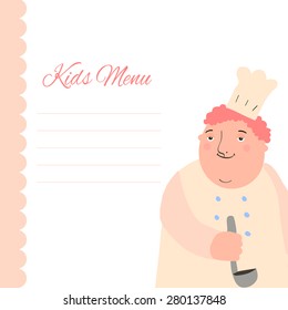 A happy cartoon child chef with a menu. Kids menu template. Illustration of chef made in vector.