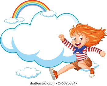 Happy cartoon child jumping near a rainbow