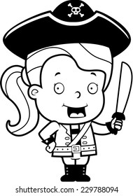 A happy cartoon child pirate holding a sword.