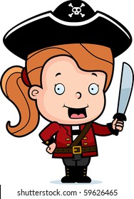 A happy cartoon child pirate holding a sword.