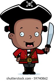 A happy cartoon child pirate holding a sword.